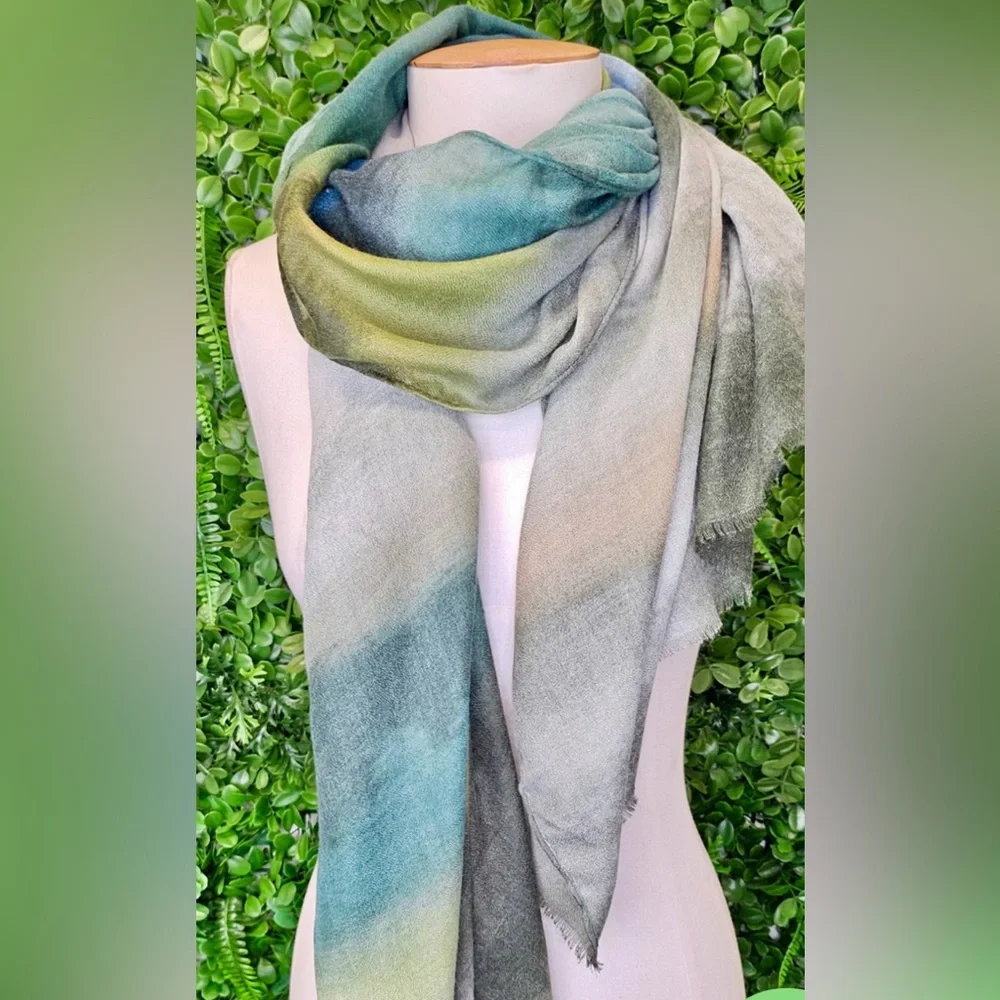 Scarf Tie Dye Watercolor Blues Greens Tan USA Made NWOT Art Shawl Wrap